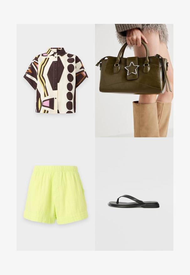Short-sleeve, collared shirt made of cotton, featuring a geometric pattern in brown, cream, pink, and green with black buttons.; Lime green shorts made of lightweight, textured fabric with an elastic waistband and a single side pocket. No visible fastenings.; Black flip-flop made of smooth leather, featuring a thin strap design and a flat sole with a minimal profile. No notable patterns or accents.; Olive green faux leather handbag with silver star accent, dual handles, and a zip closure. Textured surface and structured shape.