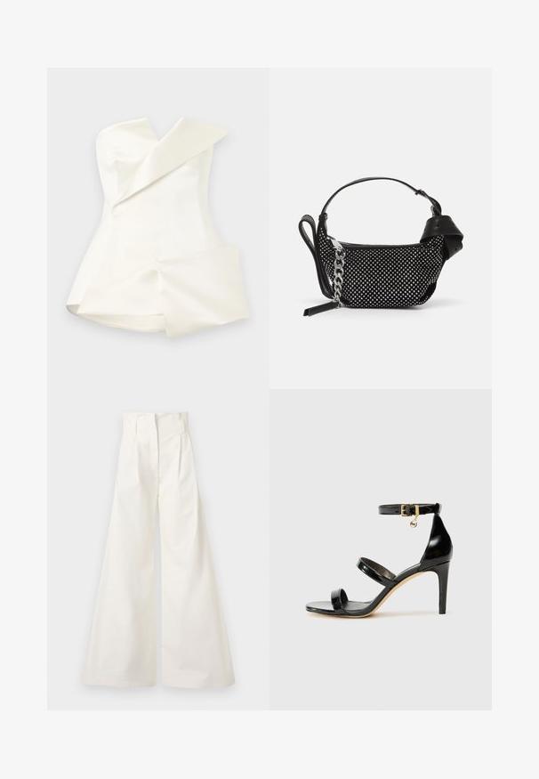 A.W.A.K.E. MODE CORSETED TUXEDO - Top - ivory; Bílé kalhoty s širokými nohavicemi vyrobené z bavlny, s vysokým pasem, plisováním v přední části a čistým designem bez kapes.; Černé lakované kožené sandály se třemi pásky, sponou na kotníku a 10 cm jehlovým podpatkem. Obsahují zlaté kovové detaily a logo přívěsek.; Černá kabelka s cvočky, řetízkem a hladkým koženým držadlem, kulatého tvaru a se zipovou kapsou.