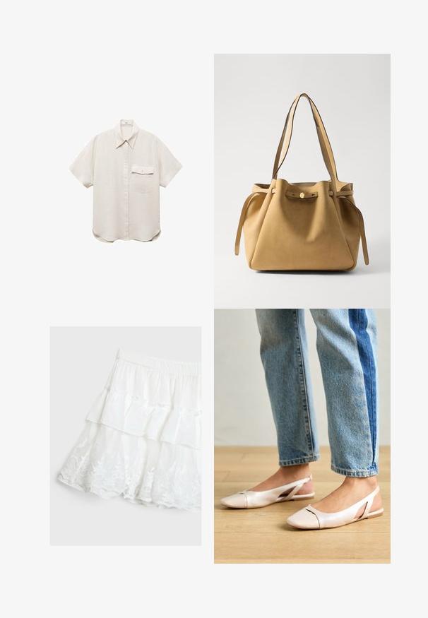 Short-sleeve, light beige shirt with a button-up front and a single chest pocket. Made from a soft, textured fabric.; White tiered skirt made of lightweight fabric, featuring a ruffled design and floral lace trim at the hem. Elastic waistband.; Pale pink slingback flats with a pointed toe, made from a smooth leather-like material. Features cut-out details at the sides and a flat heel.; Tan suede tote bag with flat shoulder straps, gathered top with drawstring closure, and a gold-tone button detail. Smooth texture and minimal design.