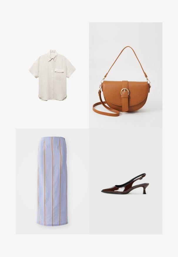 Short-sleeve, light beige shirt with a button-up front and a single chest pocket. Made from a soft, textured fabric.; Light purple midi skirt featuring vertical stripes in orange and white. Smooth texture with a structured fit and a straight hemline.; Brown patent leather slingback shoe with a pointed toe and a moderate heel. Features a buckle strap for secure fit. Smooth texture.; Brown leather crossbody bag with a curved shape, gold hardware, and a buckle accent. Features a detachable shoulder strap.