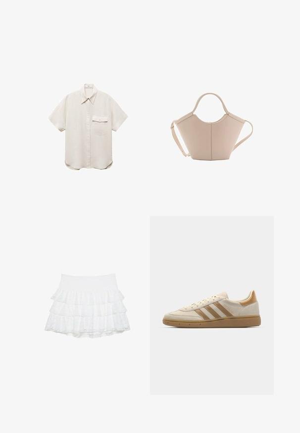 Kortærmet, lys beige skjorte med knaplukning foran og en enkelt brystlomme. Lavet af et blødt, tekstureret stof.; Hvid, lagdelt mini nederdel lavet af struktureret blonde med tre lag. Elastisk talje giver stræk. Ingen yderligere dekorationer.; Beige ruskindsneaker med lysebrune detaljer. Har tre brune striber, struktureret gummisål og et rundt tå-design.; Lysebrun læderhåndtaske med en unik form, featuring to korte håndtag og et langt justerbart rem. Glat tekstur med minimal hardware.