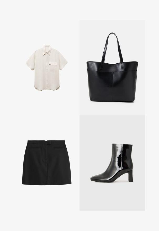Kurzärmeliges, hellbeiges Hemd mit einer Knopfleiste und einer Brusttasche. Hergestellt aus einem weichen, strukturierten Stoff.; Schwarzer Minirock aus glattem Material, mit geradem Schnitt, zwei Gesäßtaschen und einem verdeckten Reißverschlussverschluss auf der Rückseite.; Schwarzer Lackleder-Stiefelette mit spitzer Zehe und einem mittelhohen Blockabsatz. Glatte Textur und minimalistisches Design.; Schwarze Leder-Shopper-Tasche mit zwei langen Griffen, einer glatten Textur und einer strukturierten Form. Verfügt über eine Vordertasche für zusätzlichen Stauraum.