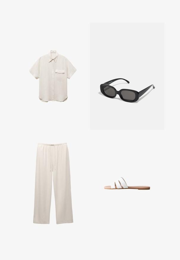 Koszula z krótkim rękawem w jasnym odcieniu beżu, z zapięciem na guziki z przodu i jedną kieszonką na piersi. Wykonana z miękkiego, teksturowanego materiału.; Jasne, szerokie spodnie wykonane z miękkiego materiału, z elastycznym paskiem w talii i regulowanym sznurkiem dla wygody.; Białe klapki na płaskiej podeszwie z trzema szerokimi paskami. Płaska beżowa podeszwa o gładkiej, matowej strukturze. Prosty, minimalistyczny design. Odpowiednie do codziennego użytku.; Czarne prostokątne okulary przeciwsłoneczne z ciemnymi soczewkami. Gruba plastikowa oprawa, gładka faktura i zaokrąglone krawędzie. Stylowe zauszniki rozciągają się na zewnątrz.