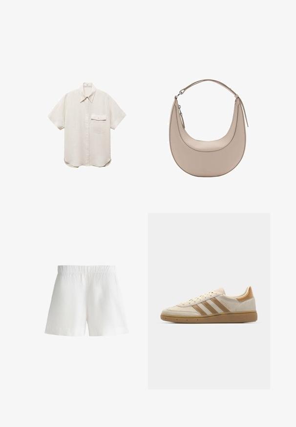 Krátky rukáv, svetlo béžová košeľa s gombíkovou prednou časťou a jedným vreckom na hrudi. Vyrobená z jemnej, štruktúrovanej tkaniny.; Biele šortky vyrobené z ľahkého materiálu, s elastickým pásom a uvoľneným strihom. Hladká textúra bez dodatočných vzorov alebo akcentov.; Béžové semišové tenisky s svetlohnedými akcentmi. Obsahujú tri hnedé pruhy, štruktúrovanú gumovú podrážku a zaoblený dizajn špičky.; Béžová kožená taška cez rameno s polkruhovým tvarom, hladkou textúrou a jedným zakriveným uchom. Obsahuje zipsové uzatváranie a úhľadné švy.