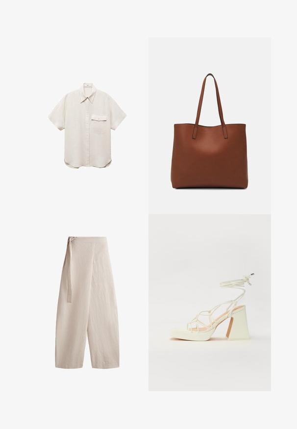 Košulja s kratkim rukavima, svijetlosmeđa, s dugmadi sprijeda i jednim džepom na prsima. Izrađena od mekog, teksturiranog materijala.; Bež hlače širokih nogavica izrađene od teksturiranog materijala, s vezicom u struku, visokog struka i labavim krojem ravnih nogavica.; Bijela sandala na visokoj potpetici s debelim petom, s remenom i vezanjem oko gležnja. Glatka tekstura s platformom sprijeda za dodatnu visinu.; Smeđa kožna torba preko ramena s glatkom teksturom, otvorenim vrhom i dvjema naramenicama. Ima minimalne šavove i nema vidljivog hardvera.