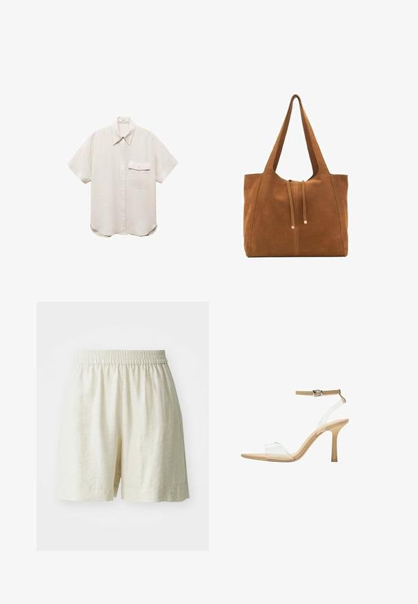 Košulja s kratkim rukavima, svijetlosmeđa, s dugmadi sprijeda i jednim džepom na prsima. Izrađena od mekog, teksturiranog materijala.; Linen kratke hlače, bojila boje kreme, s elastičnom gumom u struku i slobodnim krojem. Jednostavan dizajn, glatka tekstura i bez vidljivih uzoraka ili dijelova.; Sandal s prozirnim potplatom i prozirnim gornjim dijelom, bež uloškom i tankim remenom oko gležnja. Ima špicasti vrh i tanak visoki potplat.; Smeđa antilop torba za ruke s dva duga remena, zatvaranje na vezicu i minimalistički dizajn. Glatka tekstura i bez vidljivih metalnih elemenata.