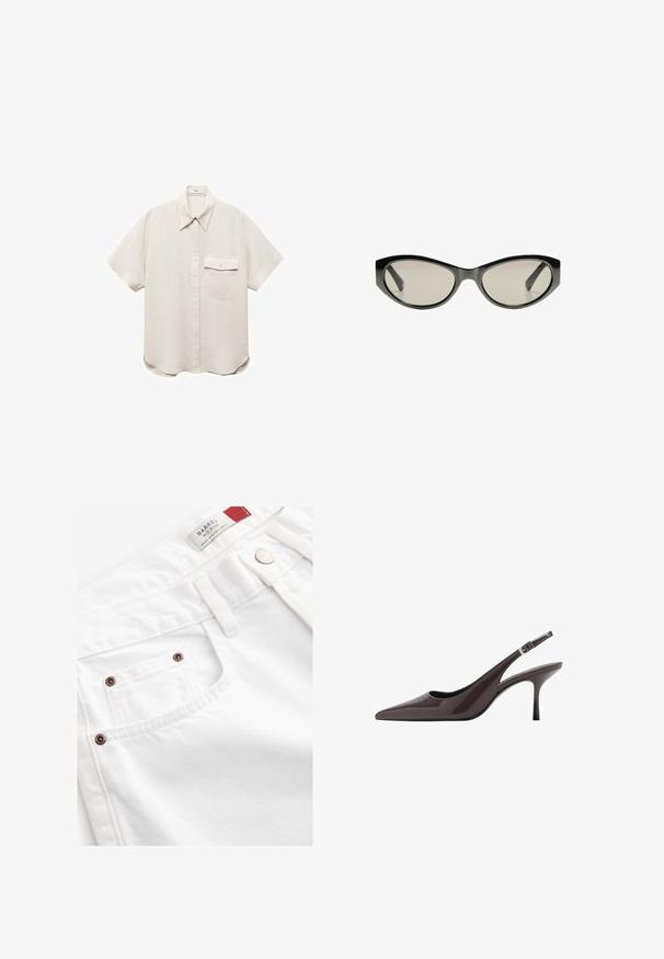 Korte mouwen, lichtbeige overhemd met een knoopsluiting aan de voorkant en een enkele borstzak. Gemaakt van een zachte, gestructureerde stof.; Witte denim shorts met een mid-rise ontwerp, vijf-pocket stijl en koperen hardware accenten. Textuurstof met gestikte details.; Puntige slingback hakken in donkerbruin lakleer, met een slanke hoge hak en een verstelbare enkelband met een gesp.; Zwarte cat-eye zonnebril met grijs getinte glazen. Plastic montuur met scherpe hoeken en een gladde, glanzende afwerking.