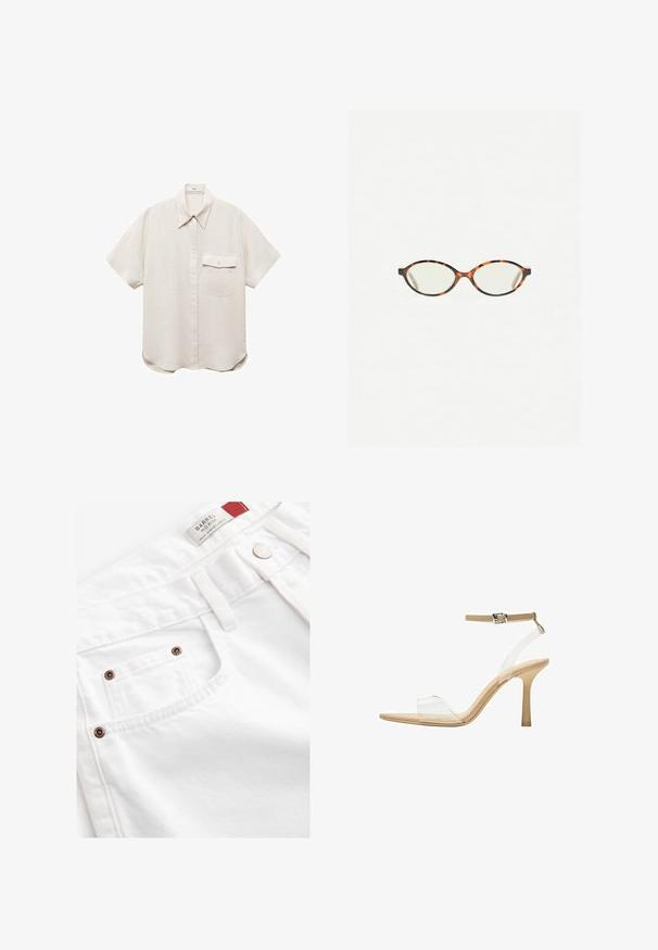 Chemise à manches courtes, beige clair, avec une fermeture par boutons sur le devant et une seule poche poitrine. Fabriquée dans un tissu doux et texturé.; Shorts en denim blanc avec une taille mi-haute, style à cinq poches et accents en métal cuivré. Tissu texturé avec des détails cousus.; Sandale à talon transparent avec un supérieur transparent, semelle beige et une fine bride de cheville. Dispose d'un bout pointu et d'un fin talon haut.; Lunettes en écaille de tortue avec des verres ovales et une finition lisse et élégante. Présente des branches fines avec une courbure subtile au niveau des tempes. Verres transparents.