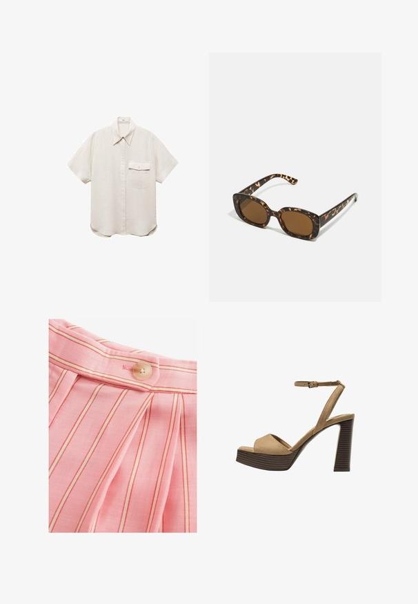 Short-sleeve, light beige shirt with a button-up front and a single chest pocket. Made from a soft, textured fabric.; Light pink fabric featuring vertical red stripes, relaxed pleats, and a rounded button closure at the waistband. Smooth texture.; Beige suede high-heeled sandals with a wide front strap and ankle strap, featuring a chunky wooden block heel with a textured finish.; Tortoiseshell sunglasses with a rounded, chunky frame and brown lenses. Features subtle patterns and straight, tapered arms.; Brown suede tote bag with two long straps, drawstring closure, and minimalistic design. Smooth texture and no visible hardware accents.