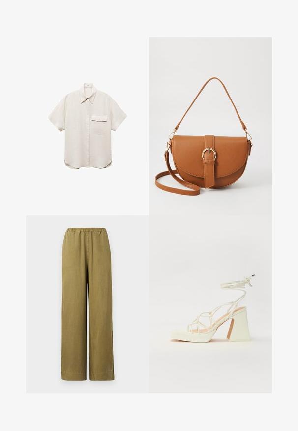 Cămașă cu mânecă scurtă, de culoare bej deschis, cu închidere prin butoni și un singur buzunar pe piept. Fabricată dintr-un material moale, texturat.; Pantaloni largi de culoare khaki, cu talie elastică, realizați dintr-un material moale din bumbac. Au fante laterale și un croi drept, oferind o potrivire confortabilă.; Sandale albe cu toc înalt și gros, cu un design cu curele și legătură la gleznă. Textură netedă, cu o platformă frontală pentru înălțime suplimentară.; Geantă din piele maro, tip crossbody, cu o formă curbată, accesorii aurii și un accent cu cataramă. Dispune de un curea de umăr detașabilă.