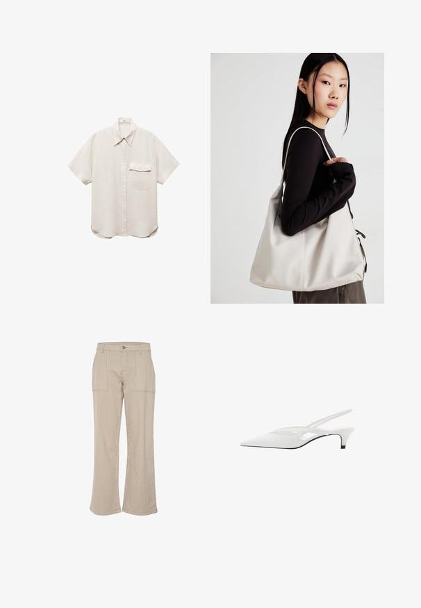 Kortärmad, ljusbeige skjorta med knäppning fram och en enda bröstficka. Tillverkad av ett mjukt, strukturerat tyg.; Beige ribbstickade vida byxor med vertikala ränder, som har två framfickor och en enkel knappstängning. Mjuk textur och avslappnad passform.; Vit slingback-häl med spetsig tå, med en slät ovandel, subtila utskärningar och en låg blockklack. Svart sula framhäver designen.; Beige handväska tillverkad av mjukt material, med en avslappnad design, sydda detaljer och två axelremmar. Lämplig för dagligt bruk.
