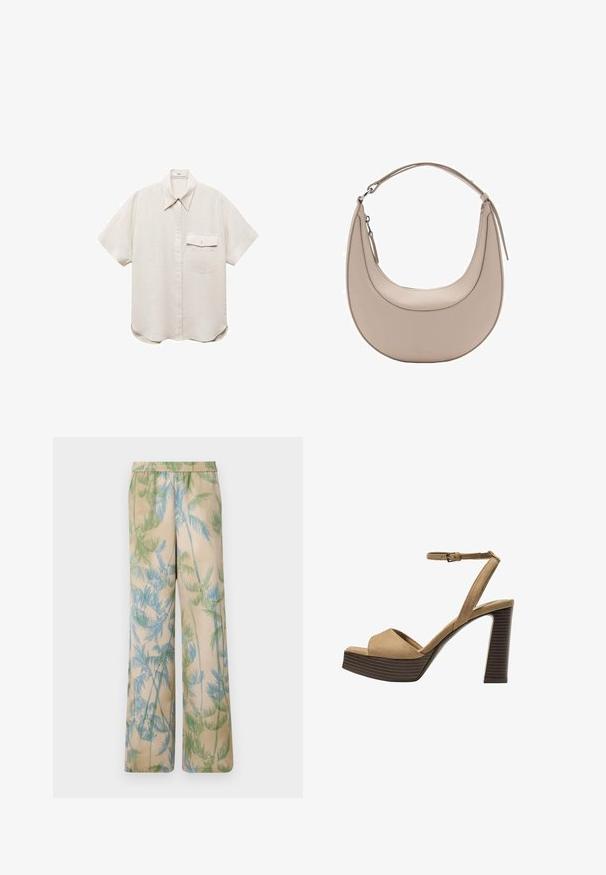 Vaaleanbeige lyhythihainen paita, jossa on nappikiinnitys ja yksi rintatasku. Valmistettu pehmeästä, teksturoituneesta kankaasta.; Kevehető szabású, könnyű bézs nadrág zöld és kék pálmalevél mintákkal, elasztikus derékkal és széles lábakkal.; Beige-nahkareunaiset korkokengät, joissa on leveä etuolka ja ankle strap, varustettu paksulla puukengän korolla, jossa on tekstuuripinta.; Vaaleanbeige nahkainen olkalaukku, jossa on kuu-ukko muoto, sileä pinta ja yksi kaareva kahva. Varusteena vetoketjukiinnitys ja siisti ompelu.
