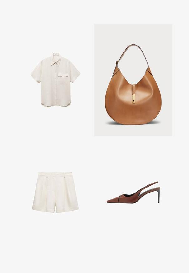 Koszula z krótkim rękawem w jasnym odcieniu beżu, z zapięciem na guziki z przodu i jedną kieszonką na piersi. Wykonana z miękkiego, teksturowanego materiału.; Białe szorty z gładkiego materiału, z plisowanym wzorem, bocznymi kieszeniami i dołem, który sięga tuż nad kolano.; Brązowe skórzane obcasy typu slingback z ostrym noskiem, wycięciem w przedniej części i smukłym obcasem w stylu stiletto. Gładka faktura.; Torba skórzana w kolorze brązowym o zaokrąglonym kształcie i szerokim pasku na ramię. Posiada złoty metalowy akcent na środku oraz gładką fakturę.