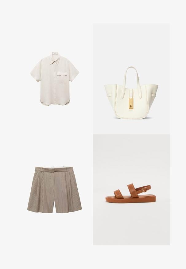 Krátky rukáv, svetlo béžová košeľa s gombíkovou prednou časťou a jedným vreckom na hrudi. Vyrobená z jemnej, štruktúrovanej tkaniny.; Béžové plisované šortky vyrobené z látky s vertikálnymi prúžkami. Majú pás so slučkami na opasok a rovný strih.; Hnedé kožené sandále s dvoma širokými remienkami a zadným remienkom, s plochou podrážkou a jemným prešívaním a kovovou prackou.; Biela kožená kabelka s pevnou štruktúrou, výrazným prešívaním, zlatým kovovým štítkom a dvojitými uchami. Textúrovaný povrch s bočnými vreckami.