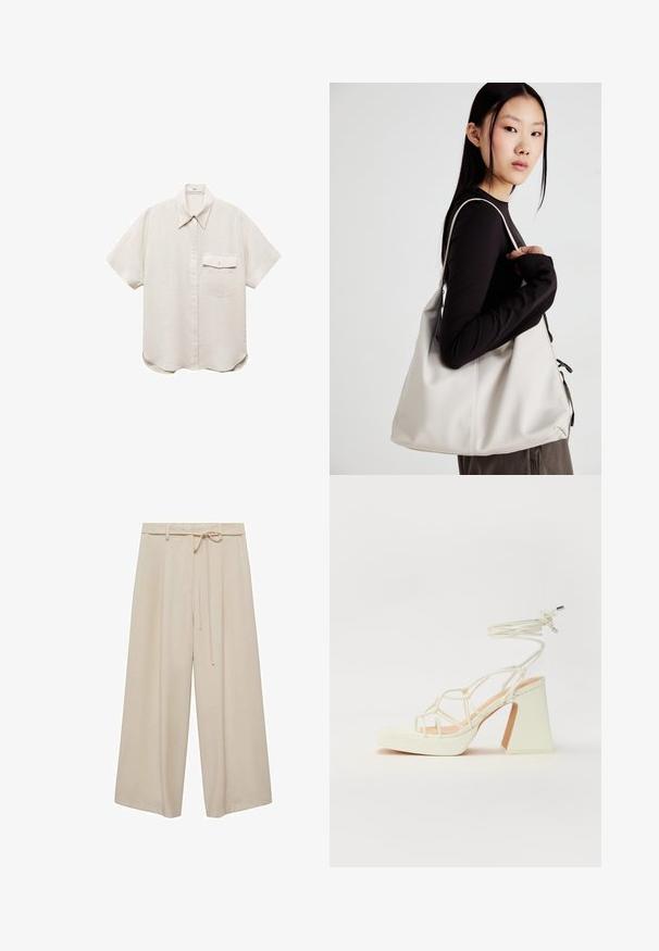 Cămașă cu mânecă scurtă, de culoare bej deschis, cu închidere prin butoni și un singur buzunar pe piept. Fabricată dintr-un material moale, texturat.; Pantaloni largi bej, confecționați dintr-un material neted, cu talie reglabilă, pliuri și o croială lejeră pentru confort și libertate de mișcare.; Sandale albe cu toc înalt și gros, cu un design cu curele și legătură la gleznă. Textură netedă, cu o platformă frontală pentru înălțime suplimentară.; Geantă bej din material moale, cu un design lejer, detalii cusute și două bretele pentru umăr. Potrivită pentru utilizarea zilnică.