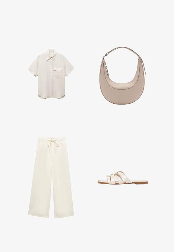 Srajca s kratkimi rokavi v svetlo bež barvi z gumbi spredaj in enim žepom na prsih. Narejena je iz mehke, teksturirane tkanine.; Široke hlače kremaste barve iz lahkotnega materiala, ki imajo pas z vrvico in sprednje žepe. Gladka tekstura, preprost dizajn.; Ravne sandale s svetlo rjavim gumijastim podplatom, zasnovane s tremi prekrivajočimi se belimi usnjenimi trakovi in majhnim lokom na sredini.; Bež usnjena torba za rame v obliki kružnice, z gladko teksturo in eno ukrivljeno zanko. Ima zadrgo in urejen šiv.