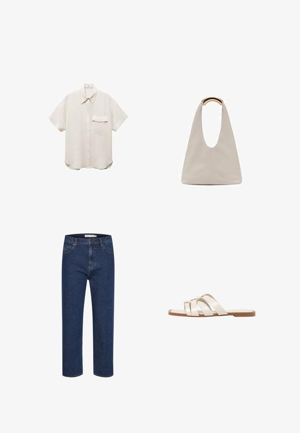 Košulja s kratkim rukavima, svijetlosmeđa, s dugmadi sprijeda i jednim džepom na prsima. Izrađena od mekog, teksturiranog materijala.; Tamno plavi traperice ravnog kroja, s pet džepova, zatvaračem i kontrastnim detaljima šivanja.; Ravne sandale s smeškom od gume, dizajnirane s tri preklapajuće bele kožne trake i malim detaljem mašne u sredini.; Svijetlosivi kožni torba s oblikom u slovo U i zakrivljenim metalnim drškom. Glatka tekstura s minimalnim šavovima i bez vidljivih uzoraka.