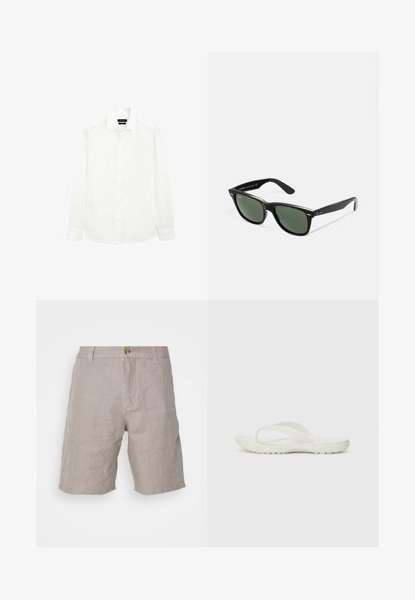 Hvid langærmet skjorte med klassisk krave, knaplukning foran og lige skæring i kanten. Lavet af letvægtsstof med en glat overflade.; Beige linnedeltashorts med en afslappet pasform, der har knaplukning, bæltestropper og en glat tekstur. Ingen synlige mønstre eller accenter.; Hvide flip-flops med minimalistisk design, lavet af blødt gummimateriale, med en flad sål og en Y-formet rem for støtte.; Sorte plastiksolkaber med grønne linser, firkantede stel, sølvaccent på brynene og teksturerede templede arme. Angivet mærke på den indre arm.
