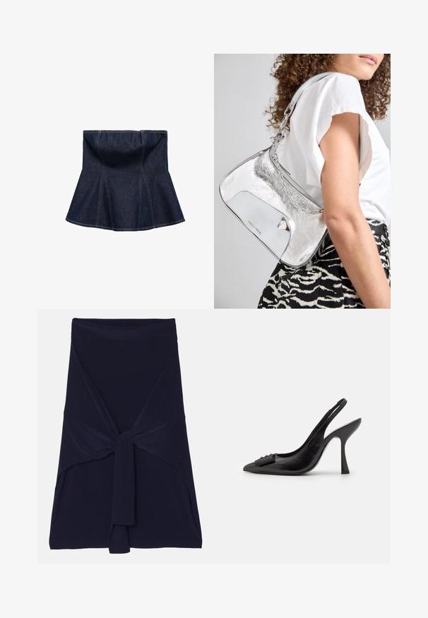 Dark blue denim skirt with flared design, featuring vertical seams and a smooth texture. No visible hardware or accents.; Navy blue wrap skirt made from soft, stretchable fabric with a knotted design at the front, featuring a smooth texture and tailored edges.; Black leather slingback shoe with a pointed toe, slim high heel, and a decorative bow accent. Smooth texture and sleek design.; Silver metallic shoulder bag with a smooth texture, curved design, chain strap, and a polished front panel featuring a subtle logo engraving.