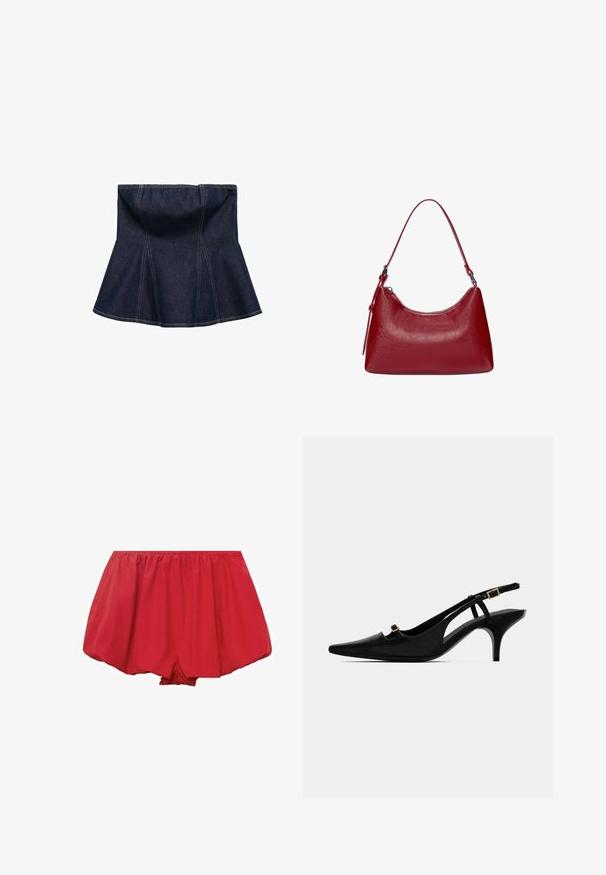 Donkerblauwe denim rok met een uitlopende ontwerp, voorzien van verticale naden en een gladde textuur. Geen zichtbare hardware of accenten.; Rode, lichte shorts met een elastische tailleband. Met een losse, uitlopende pasvorm en gathered stof voor een ontspannen fit.; Zwarte gespenpumps met puntige neus, een lage gebogen hak en een kleine gouden gesp op de voorste riem en de enkelriem.; Rode leren schoudertas met een gebogen ontwerp, een gladde textuur en een ritssluiting. Het heeft een dunne hengsel om te dragen.
