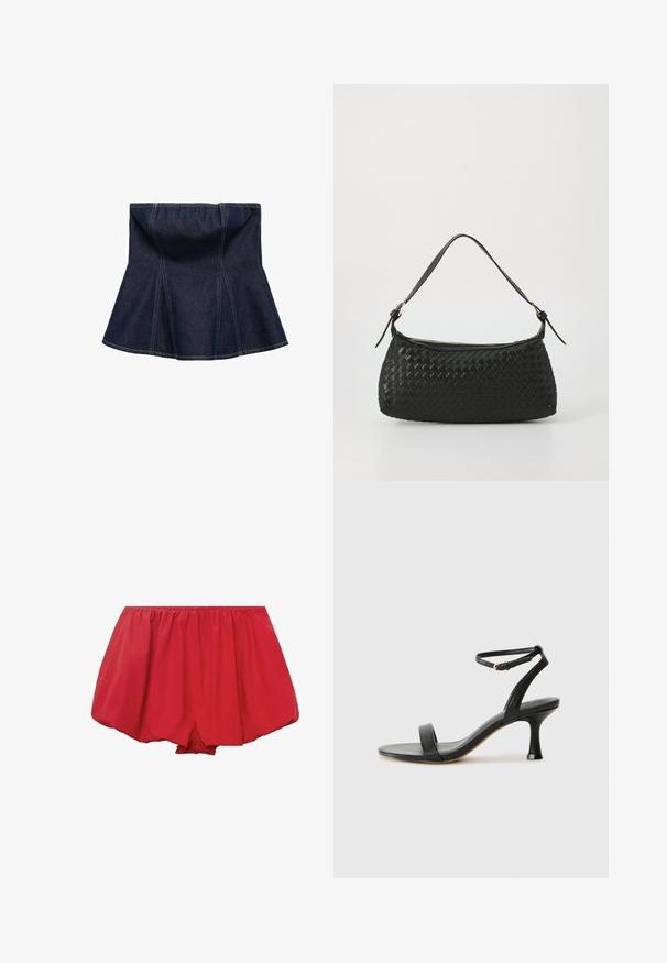 Dark blue denim skirt with flared design, featuring vertical seams and a smooth texture. No visible hardware or accents.; Red, lightweight shorts with an elastic waistband. Featuring a loose, flared design and gathered fabric for a relaxed fit.; Black leather heeled sandal with an ankle strap, featuring a sleek design, open toe, and a tapered heel for a streamlined silhouette.; Black woven shoulder bag with a smooth leather strap and zipper closure. Features a textured surface and curved shape.