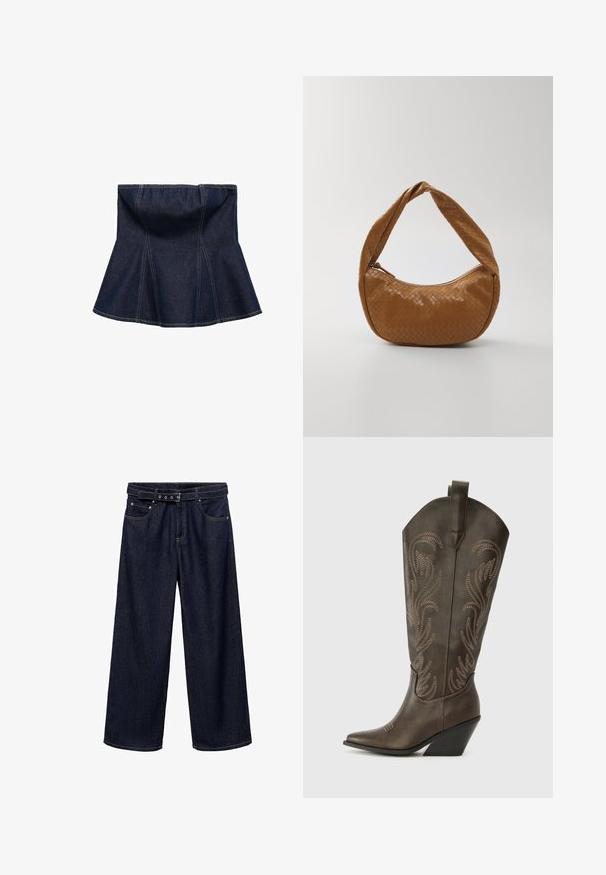 Dark blue denim skirt with flared design, featuring vertical seams and a smooth texture. No visible hardware or accents.; Dark blue wide-leg jeans made of denim. Features a belted waistband with multiple buttons, front pockets, and a clean finish at the hems.; Brown leather cowboy boot with a pointed toe, wedge heel, and decorative embroidery. Features a tall shaft and pull tab.; Woven leather handbag in tan, oval shape with a thick braided handle, featuring a zip closure and glossy texture.