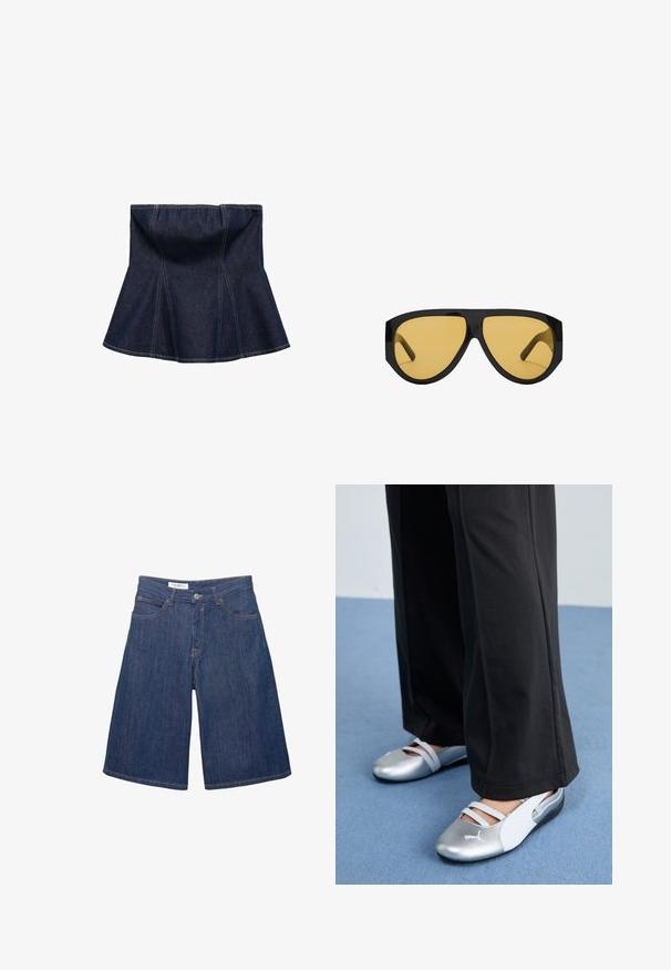 Ciemnoniebieska spódnica z denimu o rozkloszowanym kroju, z pionowymi szwami i gładką fakturą. Brak widocznych elementów metalowych lub zdobień.; Dżinsowe szorty w luźnym kroju, ciemnoniebieskim kolorze, z przednimi kieszeniami i przeszytymi brzegami, z pojedynczym metalowym guzikiem w talii.; Srebrno-białe płaskie buty z krzyżującymi się paskami i fakturowanym wykończeniem, zestawione z luźnymi czarnymi spodniami. Na tle niebieskiej podłogi.; Okulary przeciwsłoneczne z elegancką, czarną plastikową oprawką i żółtymi soczewkami, o wyraźnym kanciastym kształcie i szerokich zausznikach dla dodatkowej ochrony.