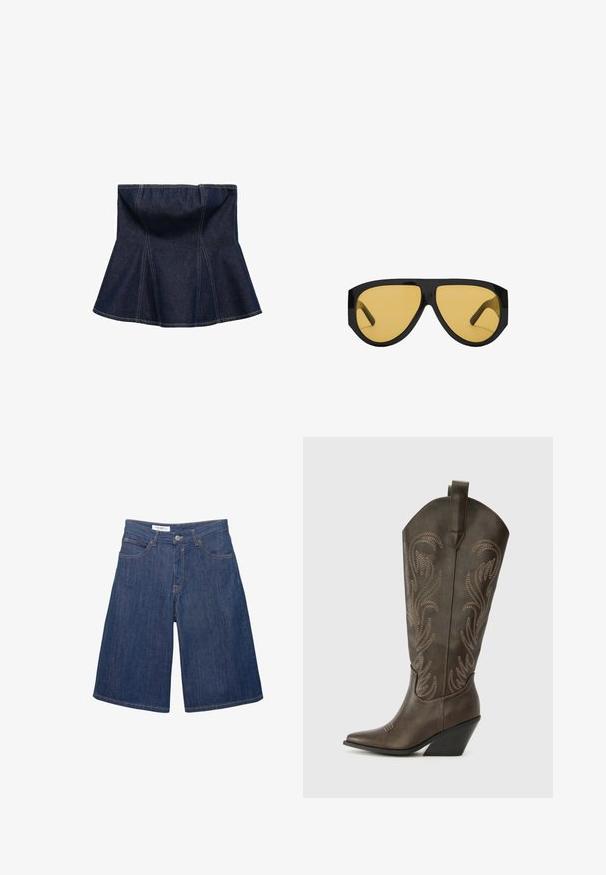 Mörkblå denimkjol med utsvängd design, med vertikala sömmar och en slät textur. Ingen synlig hårdvara eller accenter.; Denimshorts med lös passform, mörkblå färg, framfickor och sydda fållar, med en enda metallknapp i midjan.; Bruna läder cowboyboots med spetsig tå, kilklack och dekorativ broderi. Har ett högt skaft och en dragflik.; Sunglasses med en slank svart plastbåge och gula tonade linser, med en distinkt vinkelform och breda skalmar för ökat skydd.