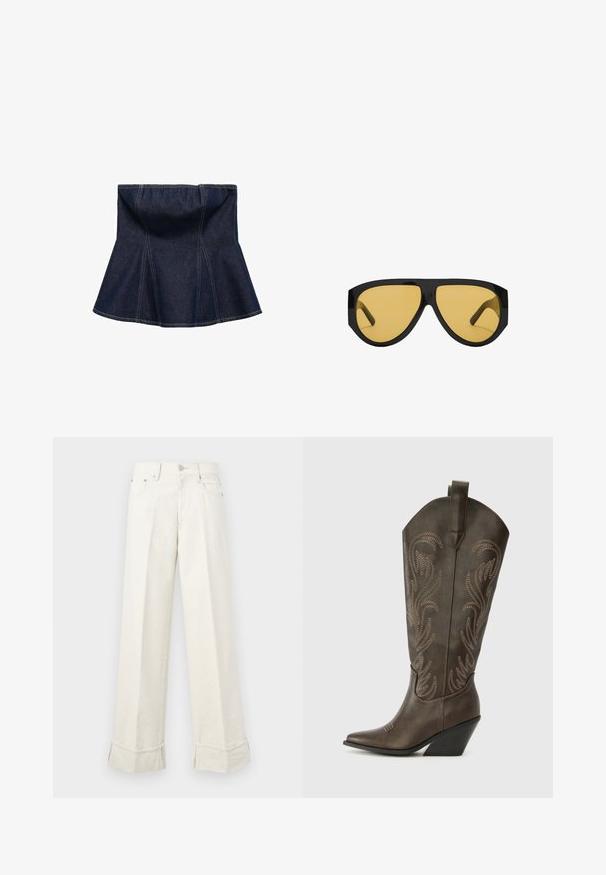 Tamno plava traper suknja s izbačenim dizajnom, s vertikalnim šavovima i glatkom teksturom. Bez vidljivih metalnih dijelova ili ukrasa.; Široke kremaste hlače od pamuka, s pregibanjem na rubu i petljama za remen. Dizajnirane s dva prednja džepa i prednjim zatvaranjem na gumb.; Smeđe kožne kaubojke s špicastim vrhom, klinastom petom i ukrasnom izvezenom reprodukcijom. Imaju visoki štitnik i povlačnu traku.; Sunčane naočale s elegantnim okvirom od crnog plastike i žutim lećama, s izrazitim kutnim oblikom i širokim sljepoočnicama za dodatnu zaštitu.