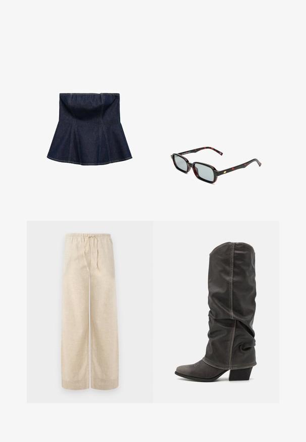 Mörkblå denimkjol med utsvängd design, med vertikala sömmar och en slät textur. Ingen synlig hårdvara eller accenter.; Beige linnebyxor med vida ben, elastisk midja och dragsko. Tyget har en strukturerad yta som ger ett lätt och luftigt utseende.; Grå läderstövlar i kalvhöjd med en avslappnad design, spetsig tå och staplad klack. Anmärkningsvärt sömdetalj på tåområdet.; Solförsedda med rektangulära svarta och röda mönstrade bågar, grå linser och guldaccent på templen. Designen är elegant och modern.; Väskan i ormtryck har ett böjt handtag. Den är tillverkad av strukturerade, beige och bruna material och har ett distinkt diamantsmönster.