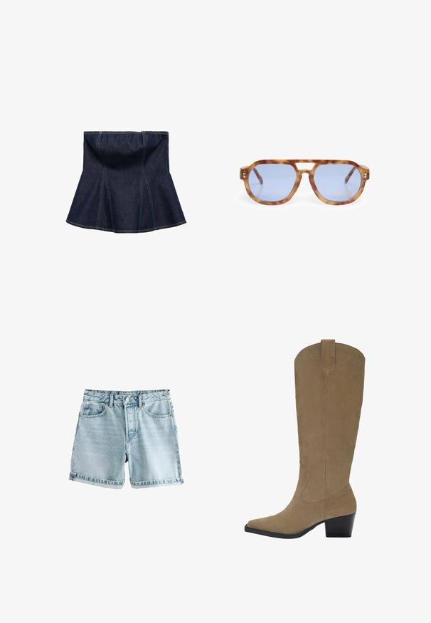 Jupe en denim bleu foncé avec un design évasé, présentant des coutures verticales et une texture lisse. Aucun matériel ou accent visible.; Shorts en jean bleu clair avec un ourlet brut, cinq poches et une fermeture à bouton. Le tissu a une texture légèrement usée.; Bottes en suède beige jusqu'aux genoux avec un bout pointu, un talon empilé et des détails de couture le long des côtés. Texture lisse et design structuré.; Lunettes de soleil écaille de tortue avec des verres bleus, design angulaire, monture épaisse et découpe au niveau du nez ; dispose d'un accent doré sur la branche.; PULL&BEAR SHOPPER  - Cabas - grey