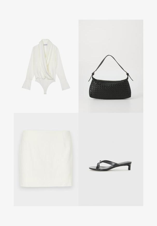 Witte lange mouw bodysuit met een gedrapeerde voorkant, op maat gesneden pasvorm, uitlopende mouwen en een drukknoopsluiting onderaan. Gemaakt van een zachte stof.; Witte linnen mini-jurk met een rechte snit, voorzien van zijzakken en een gladde textuur. Geen zichtbare patronen of accenten.; Zwarte hakken sandaaltjes met een cross-strap ontwerp in glad synthetisch materiaal. Voorzien van een lage blokhak en een decoratieve accent bij de aansluiting van de bandjes.; Zwarte geweven schoudertas met een gladleren schouderband en rits sluiting. Heeft een gestructureerd oppervlak en een gebogen vorm.