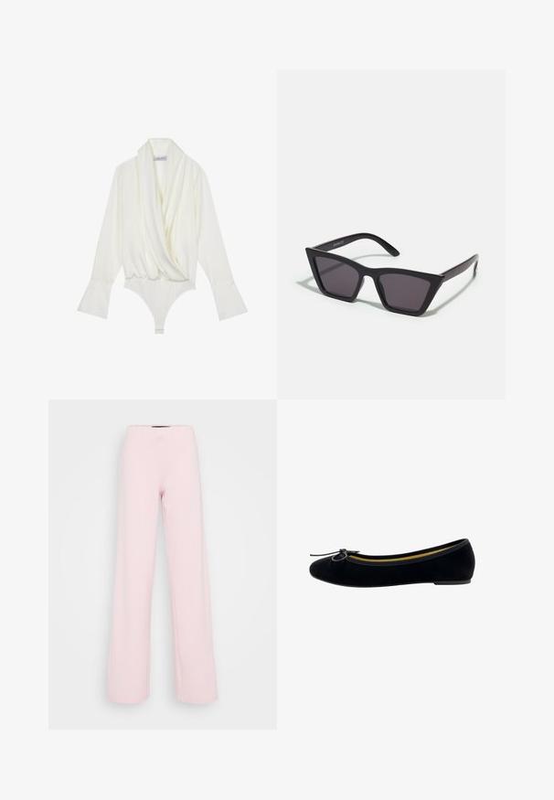 Witte lange mouw bodysuit met een gedrapeerde voorkant, op maat gesneden pasvorm, uitlopende mouwen en een drukknoopsluiting onderaan. Gemaakt van een zachte stof.; Lichtroze wijde broek, gemaakt van een zachte stof, met een hoge elastische tailleband en zonder zichtbare patronen of hardware.; Zwarte fluwelen balletschoenen met een ronde neus, een klein strikje aan de voorkant en een contrasterende gele binnenvoering.; Zwarte, hoekige zonnebril met grijze lenzen; gemaakt van plastic, met dikke armen met een gladde oppervlakte en zonder zichtbare hardware.