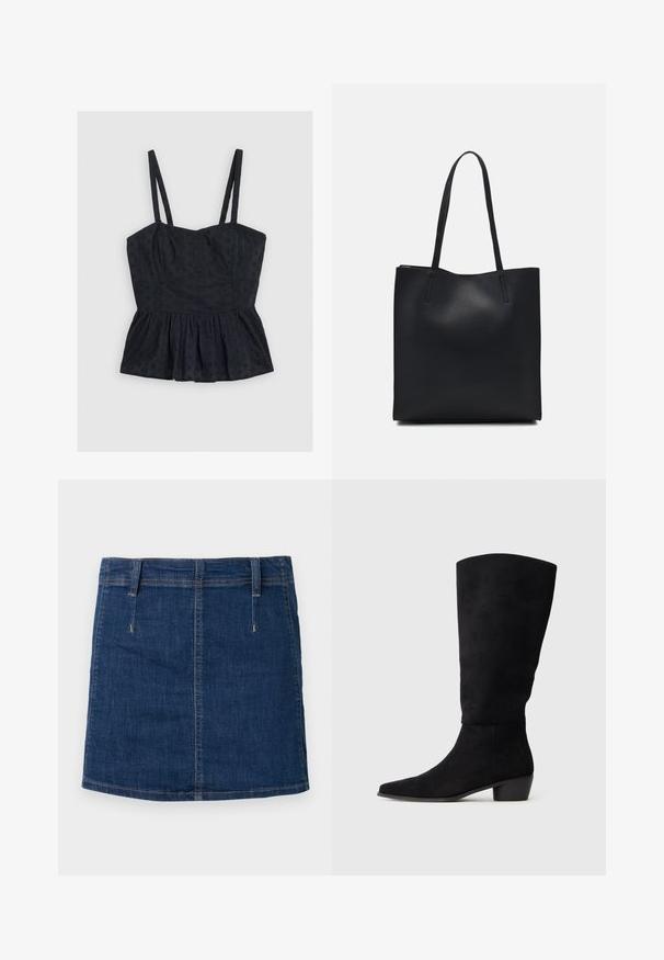 Melns bez piedurknēm peplum tops ar plānām siksniņām, ar teksturētu ziedu motīvu un strukturētu korpusu, mīksts audums un izsistēta apakšmala.; Tumši zili džinsu svārki ar pieguļošu dizainu, priekšējām kabatām un redzamām šuvēm. Iespējamais taisns apakšmalas sagriezums un jostas cilpas.; Melnas zamšādas ceļgalu augstas zābaki ar zemu blokveida papēdi un smailu purngalu, attēloti sānu skatījumā uz vienkārša gaiši pelēka fona.; Melnas ādas somiņa ar gludu tekstūru, taisnstūra formu un divām garām rokturiem. Nav redzamu aparatūras vai rotājumu.