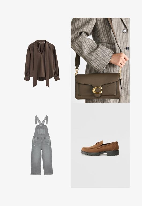 Braune Bluse mit langen Ärmeln und tiefem V-Ausschnitt, befestigtem breiten Halsband und gerafften Bündchen.; Graue Denim-Latzhose mit verstellbaren Trägern, Brusttasche, Seitenknöpfen und verwaschenen Details an den Beinen.; Braune Wildlederslipper mit runder Zehenpartie und einer niedrigen schwarzen Gummisohle, die über einen dekorativen Riemen und Nähte auf dem Obermaterial verfügt.; COACH TABBY SHOULDER BAG 26 - Handtasche - dark stone