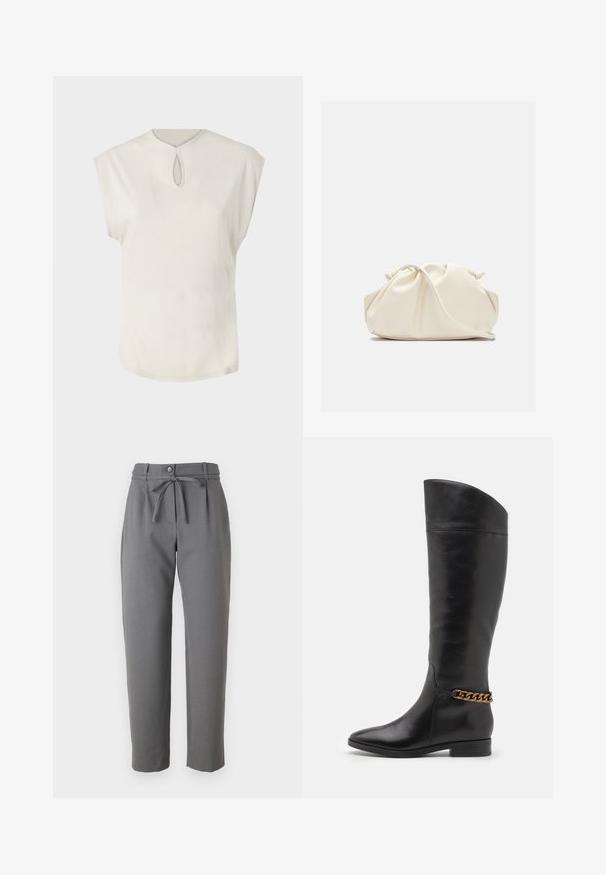 Biely krátky rukáv top s okrúhlym výstrihom a malým detailom v tvare kľúčovej diery vpredu. Hladká textúra, voľný strih a mierne zakrivený lem.; Sivé zúžené nohavice z hladkej látky s button zapínaním a opaskom previazaným v páse. Bez viditeľných vreciek.; Vysoké čierne kožené čižmy so štíhlym dizajnom, špicatou špičkou a zlatým reťazovým akcentom na členku. Nízky blokový podpätok. Hladká textúra.; Krémová, mäkká taška z umelého kože s nariaseným dizajnom, nastaviteľným popruhom a jemným šnurovaním. Hladký povrch a zaoblený tvar.