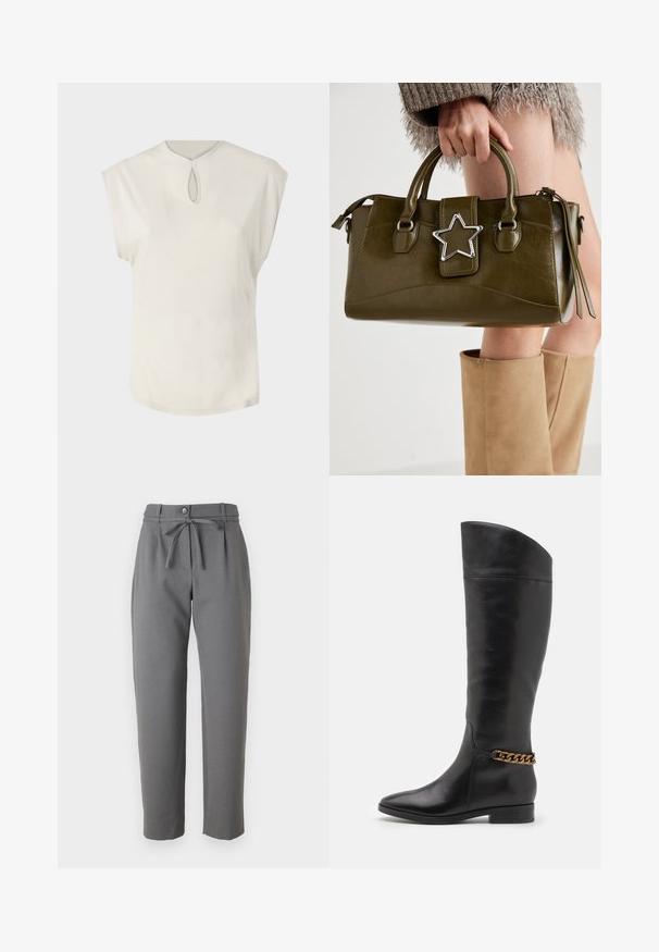 Balta īsām piedurknēm blūze ar apaļu izgriezumu un mazu atslēgas caurumu priekšpusē. Gluda tekstūra, brīvs griezums un nedaudz izliekts apakšmala.; Pelēkas sašaurinātas bikses, izgatavotas no gludas auduma, ar pogu aizdari un jostu, kas sasieta ap viduci. Redzamās kabatas nav.; Augstas melnas ādas zābaki ar plūstošu dizainu, pointētām purngalēm un zelta ķēdes akcentu ap potīti. Zems bloku papēdis. Gluda tekstūra.; Olive zaļš mākslīgās ādas rokassomu ar sudraba zvaigznes akcentu, divām rokturiem un rāvējslēdzēja aizdari. Strukturēta forma un teksturēta virsma.