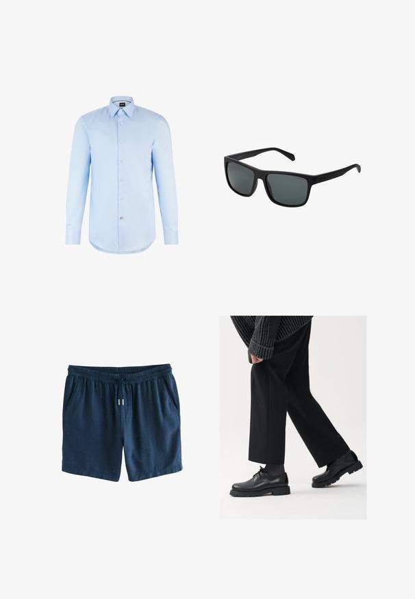 Chemise button-up à manches longues bleu clair avec col pointu, poche poitrine simple et boutons blancs. Tissu lisse, coupe ajustée.; Shorts bleu marine en tissu léger. Dotés d'une taille élastique avec cordon de serrage et de deux poches latérales. Design simple.; Chaussures en cuir noir à bout arrondi, à lacets, avec une semelle épaisse et texturée. Portées avec un pantalon noir ajusté et un pull à côtes.; Polaroid Lunettes de soleil - matt black; Montre-bracelet en métal argenté avec un boîtier carré, un cadran blanc, des chiffres romains et un bracelet en maillons argentés. Dispose d'un design résistant à l'eau.