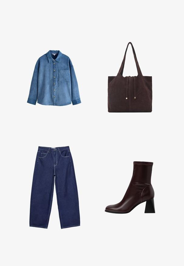 Chemise en velours côtelé bleu avec un devant boutonné, un col et une poche poitrine. Possède des manches longues et une coupe décontractée.; Pantalons large en denim bleu foncé à taille haute, avec cinq poches et des coutures blanches contrastantes. Texture lisse, design classique.; Stradivarius BLOCK - Bottines - dark red; Mango Cabas - dark brown