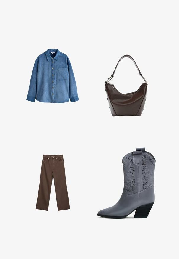Camicia di velluto a coste blu con apertura frontale a bottoni, colletto e un'unica tasca sul petto. Presenta maniche lunghe e una vestibilità rilassata.; Jeans a gamba larga marroni in denim, con vita alta, tasche anteriori e chiusura a bottone classica. Tessuto liscio con cuciture sottili.; Stivale cowboy in ecopelle grigia con punta appuntita, ritagli decorativi e tacco impilato. Presenta un manico per facilitarne l'indossamento.; Borsa in pelle marrone scuro con forma curvata, chiusura con zip e manico corto. Caratterizzata da hardware in metallo e bottoni neri decorativi sul lato.