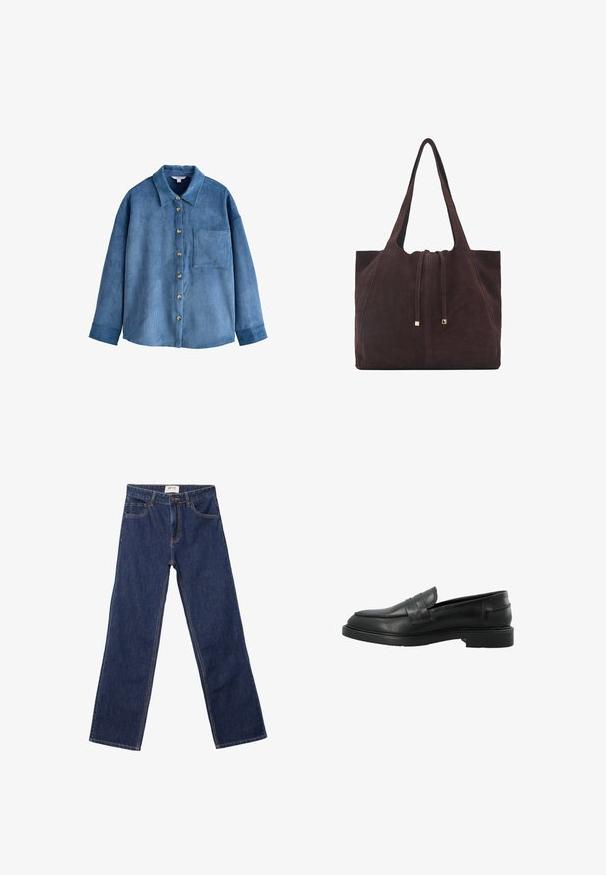 Sininen korduroypaita, jossa on napitettava etuosa, kaulus ja yksi rintatasku. Ominaisuuksiin kuuluu pitkät hihat ja rento istuvuus.; Tummansiniset suorat farkut etutaskuilla, vyölenkeillä ja nappikiinnityksellä.; Musta nahkaloaferi pyöreällä kärjellä, etuosan nauhalla ja tasaisella kumipohjalla. Sileä pinta, jossa on minimaalista ompeluunsa.; Mango Shopping bag - dark brown