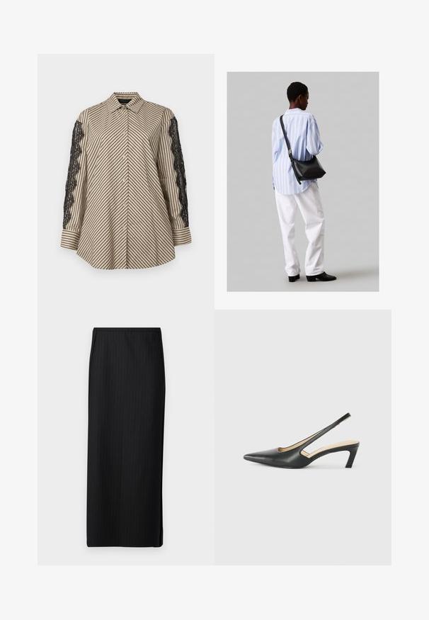Krekls ar vertikālām melnām un bēšām svītrām. Piedurkņu malās ir melnas mežģīnes. Ar pogām aizdaram, brīvi pieguļoša forma.; Bruuns Bazaar BILL MAIAN SKIRT - Zīmuļsvārki - black; Melna, ar smailu purngalu, slingback kurpe ar zemu papēdi, izgatavota no gludas ādas materiāla un ar izgriezumiem sānos gaisa caurlaidībai.; Melna ādas plecu soma ar mīkstu tekstūru, trīsstūra formu un regulējamu siksnu, apvienota ar gaiši zilu svītrotu krekli un baltām biksēm.