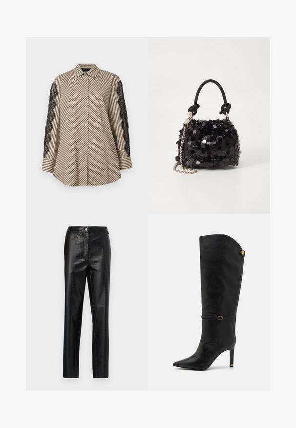 Gombos, nyakirkú ing függőleges fekete és bézs csíkokkal. Fekete csipke részletek találhatók mindkét ujjon. Lazább fazon.; Fekete műbőr nadrág, krokodil mintázattal, karcsú szabással és egyenes száraival, elöl gombos záródással és normál derékpánttal.; Fekete bőr térd fölé érő csizmák hegyes orral, karcsú tűs sarkal és arany színű csattal a boka közelében. Sima textúra.; Fekete flitteres mini kézitáska csomózott textúrájú pánttal és ezüst lánccal. Lekerekített forma, ráncolt tetejével és fényvisszaverő részletekkel.