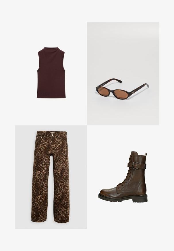 Top senza maniche in un profondo bordeaux, realizzato in un materiale morbido e elasticizzato. Presenta un collo alto e un design aderente con bordi rifiniti e puliti.; Jeans a gamba larga con stampa leopardata in marrone e beige. Realizzati in denim, presentano un classico design a cinque tasche e finiture in metallo.; Stivaletto in pelle marrone con lacci, fibbia laterale, punta rotonda, suola robusta e dettagli di cucitura per un tocco in più.; Occhiali da sole ovali tartarugati con lenti marroni, inclinati per mostrare il logo "QUAY" sulla tempia destra su uno sfondo semplice.; Borsa a secchiello in pelle nera con chiusura a cordoncino, caratterizzata da un logo "CK" lucido sulla parte anteriore e dettagli in hardware dorato.