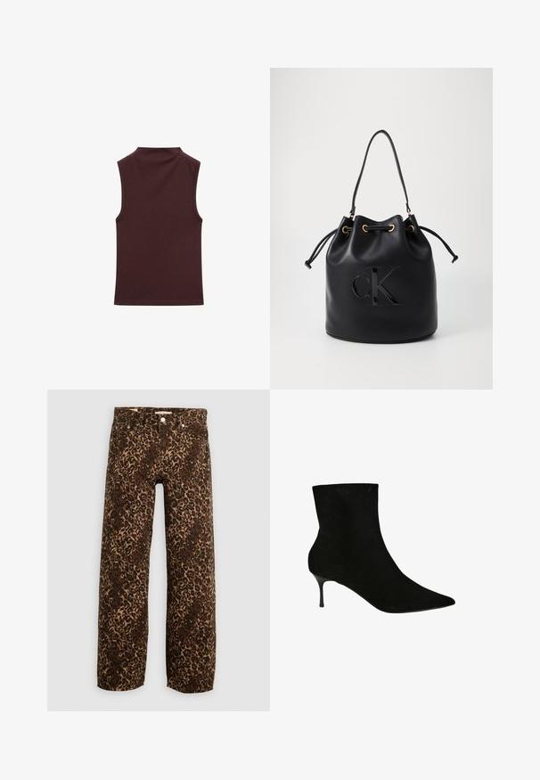 Ærmeløs top i dyb burgunder, lavet af blødt, strækbart materiale. Har en høj halsudskæring og tætsiddende design med rene, færdiggjorte kanter.; Bordeaux og tan leopardprint brede benjeans. Fremstillet af denim, med et klassisk fem-lomme design og metalhardwaredetaljer.; Sort ruskindsankelstøvle med spidse tæer og en slank stilettohæl. Glat tekstur og tætsiddende silhuet, som fremhæver designet.; Sort læder bucket bag med snørelukning, der har et glosseret "CK" logo foran og hardware accenter i guld-tone.