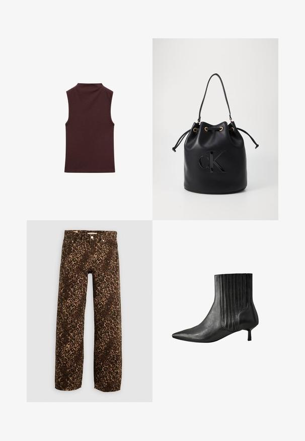 Ärmelloses Oberteil in tiefburgunder, aus weichem, dehnbarem Material gefertigt. Verfügt über einen hohen Halsausschnitt und ein tailliertes Design mit sauberen, fertigen Kanten.; Leopardenmusterweite Beinhosen in Braun und Beige. Hergestellt aus Denim, mit einem klassischen Fünf-Taschen-Design und Metallbeschlägen.; Schwarze Leder-Stiefelette mit einer spitzen Zehenform, geribbeltem Seitendesign und einem niedrigen, quadratischen Absatz. Glatte Textur mit glänzendem Finish.; Schwarze Leder-Eimer-Tasche mit Kordelzugverschluss, ausgestattet mit einem glänzenden "CK"-Logo auf der Vorderseite und goldfarbenen Hardware-Akzenten.
