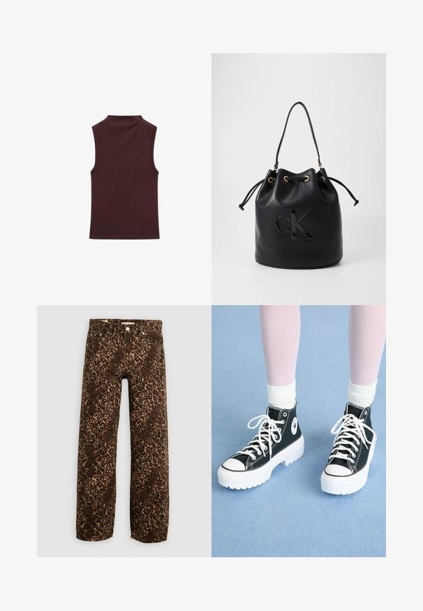 Bezrękawnik w głębokim burgundzie, wykonany z miękkiego, elastycznego materiału. Posiada wysoki dekolt i dopasowany fason z dokładnie wykończonymi krawędziami.; Jeans w szerokich nogawkach w panterkę w brązowym i kremowym kolorze. Wykonane z denimu, z klasycznym pięciopocketowym fasonem i metalowymi detalami.; Czarne wysokie trampki z białymi podeszwami i sznurowadłami, z okrągłym logo po boku i kontrastującym czarnym przeszyciem. Teksturowana cholewka z materiału.; Czarna skórzana torba typu bucket z zaciąganym zamknięciem, z błyszczącym logo "CK" z przodu i złotymi akcentami.