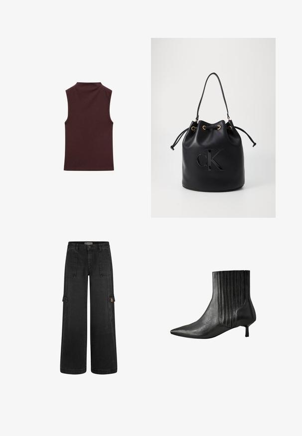 Ärmelloses Oberteil in tiefburgunder, aus weichem, dehnbarem Material gefertigt. Verfügt über einen hohen Halsausschnitt und ein tailliertes Design mit sauberen, fertigen Kanten.; Schwarze Cargo-Hosen mit lockerer Passform, elastischem Bund, mehreren Fronttaschen und seitlichen Cargo-Taschen. Aus strapazierfähigem Denim-Material gefertigt.; Schwarze Leder-Stiefelette mit einer spitzen Zehenform, geribbeltem Seitendesign und einem niedrigen, quadratischen Absatz. Glatte Textur mit glänzendem Finish.; Schwarze Leder-Eimer-Tasche mit Kordelzugverschluss, ausgestattet mit einem glänzenden "CK"-Logo auf der Vorderseite und goldfarbenen Hardware-Akzenten.
