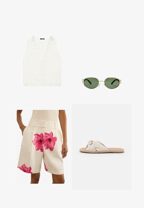 Blouse blanche sans manches avec un décolleté en V profond, ornée de délicates touches de dentelle le long des bords et d'une texture de tissu lisse et léger.; Next PETITE - FLORAL TAILORED - Short - ecru pink; Sandale à glissière en tissu beige avec un dessus noué et une semelle en jute tissée. Style plat, ouvert à l'avant, présentant un bord texturé et tressé.; Lunettes de soleil avec monture en métal doré et verres teintés verts, de forme ovale, avec branches noires et plaquettes de nez transparentes. Design épuré et minimaliste.