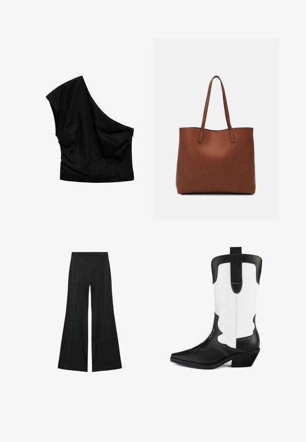 Sort top med én skulder lavet af blød stof. Har et asymmetrisk design med en let drapering og en lynlåsdetaile på siden.; Sorte brede bukser med en glat tekstur, der har fremadrettede folder og en skræddersyet design. Stofferne er lette og flerdimensionelle.; Sort og hvid cowboystøvle lavet af syntetisk læder, med spidse tæer, scalloped design og en lav blokhæle. Bemærkelsesværdige stikninger.; Brun læder tote taske med en glat overflade, åben topdesign og to skulderremme. Har minimal syning og ingen synlig hardware.